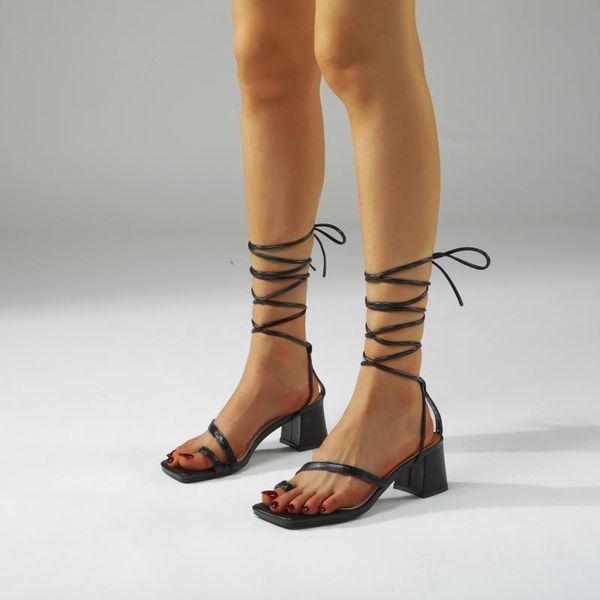 

dress shoes summer square heel lace up sandals women pumps, Black