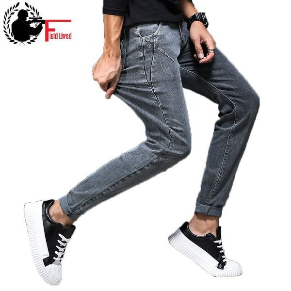 Calças Cinzas Calças Calças Stretch Denim Skinny Slim Ajuste Jovem Biker Streetwear Masculino Cowboys Calças Coreano Homens Moda Roupas 210518