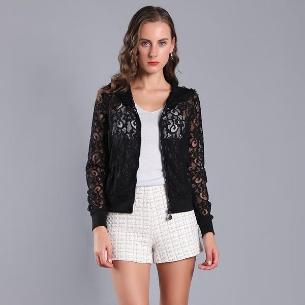 

fashion women coat 2021 spring and summer european lace black thin short outwear plus size 2xl floral women's jackets, Black;brown