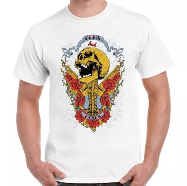 

guns skull roses funny cool gift tee t shirt 1705, White;black