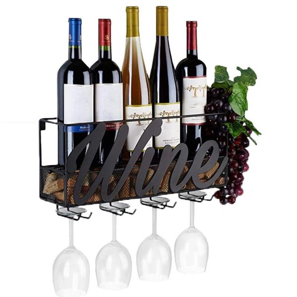 

other home decor 17.71x5.12x8.66 inch 4 built-in wine glass holders metal wall mounted rack bottle champagne shelf with extra cork tray