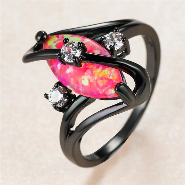 

vintage female pink opal stone ring charm 14kt black gold wedding rings for women dainty white round zircon engagement, Slivery;golden