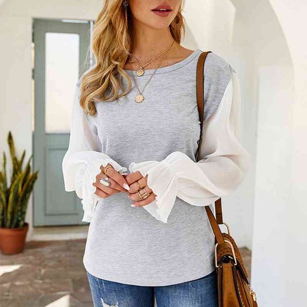

women's & shirts patchwork ruffle sleeve pleated women blouse o-neck knitting long sleeves female blouses spring casual ladies clothes, White