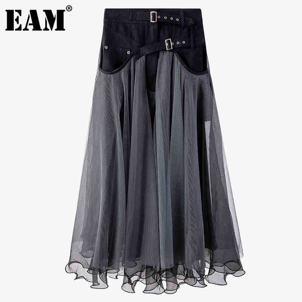 

[eam] gray mesh long denim buckle ball gown high waist half-body skirt women fashion spring autumn 1dd6945 21512, Black