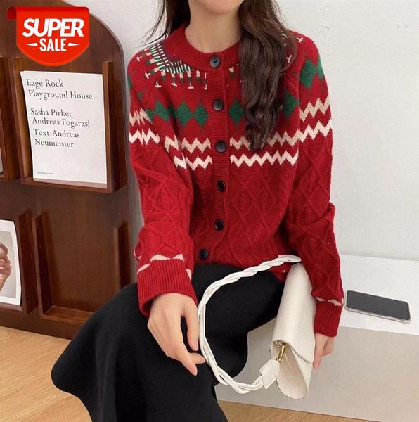 

110148 retro heavy industry contrasting color jacquard knit cardigan long sleeve lazy round neck loose jacket #wt3g, Black;gray