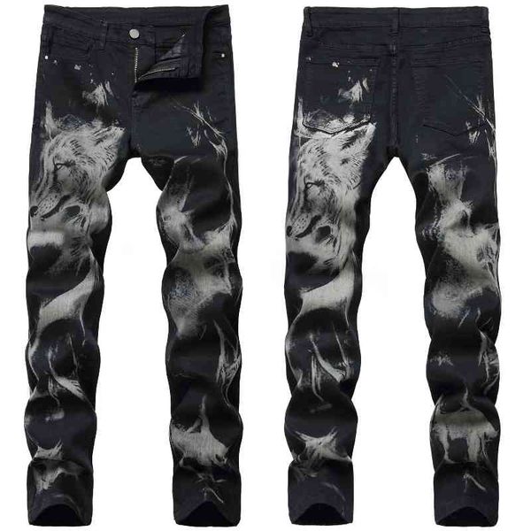 

women's jeans novo impresso calÃ§as de brim preto moda rua estilo europeu americano lobo ilustraÃ§Ã£o magro da motocicleta masculina denim, Blue