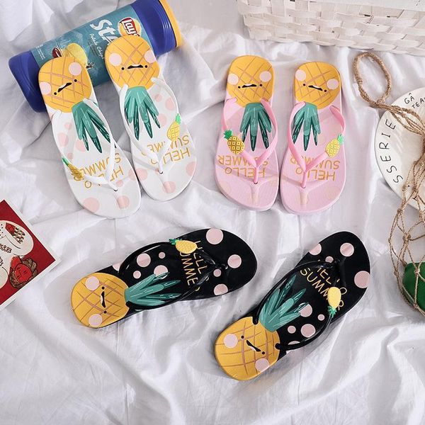

summer women beach vacation slippers cute pineapple print flat heels fashion1, Black