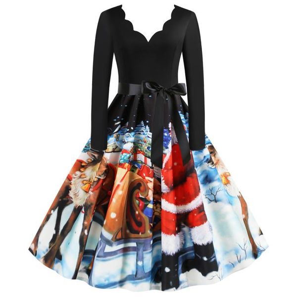 

casual dresses drop spring fall christmas santa claus print v neck bow ribbon long sleeve women ladies party short skater dress, Black;gray