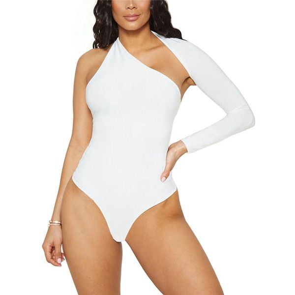 

women's jumpsuits & rompers fashion summer women bodysuit 3 color solid one shoulder leotard slim fit long sleeve top, Black;white