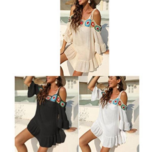 

women's swimwear crochet stitching suspender dress strapless ruffled beach, White;black