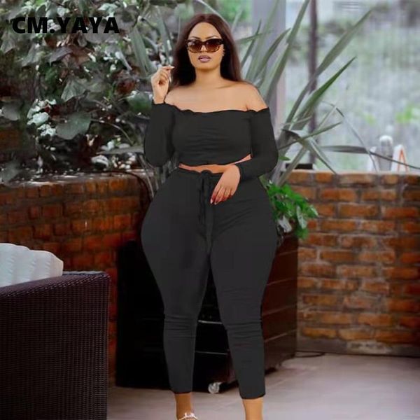 

plus size tracksuits cm.yaya women tracksuit solid full sleeve slash neck crop drawstring skinny pants two 2 piece sets outfit autumn, Black