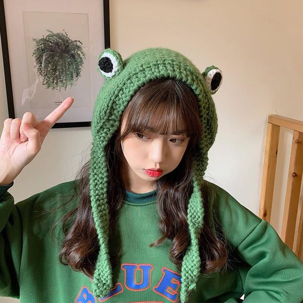 

beanies hand hook autumn and winter cute sweet big eyes frog wool knitted hat ladies korean version to keep warm