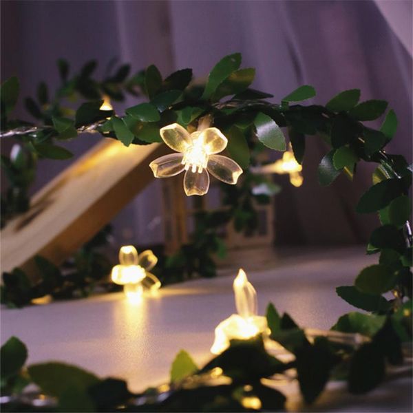 

strings 10/20/40leds cherry blossom flower led string fairy lights green leaf garland lamp for indoor wedding party christmas decors