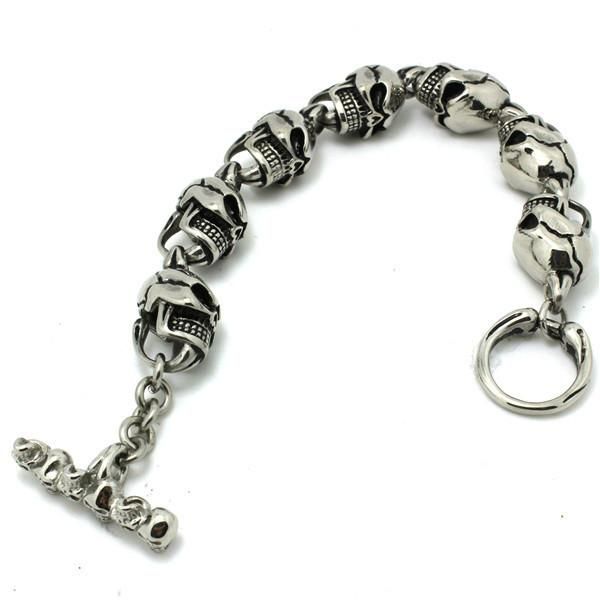 

link, chain 22cm *1.3cm steel sliver ghost skull bracelet 316l stainless band party style crack, Black