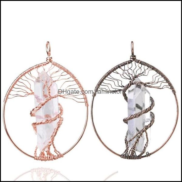

tree of life pendant with stones natural stone pendants for necklace jewelry making wire wrapped rock crystal quartz no chain, Silver