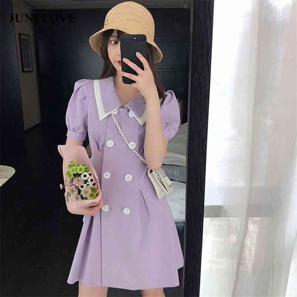 

korean summer a-line dress vintage elegant double layer collar sweet puff sleeve breasted solid slim vestidos 210517, Black;gray