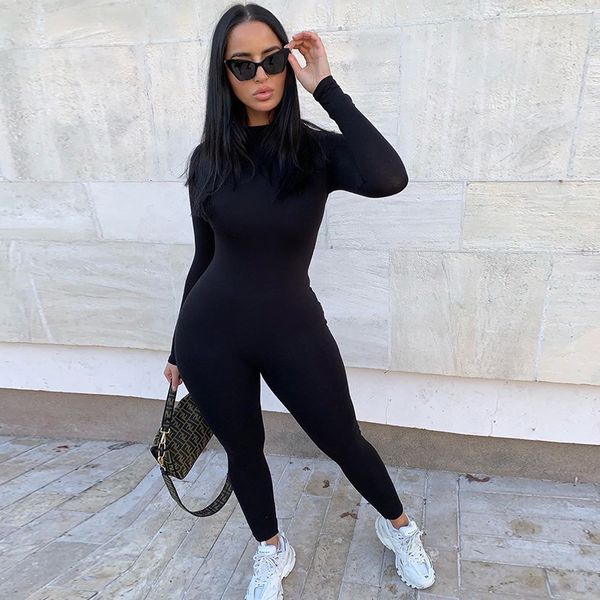 

women's knits & tees summer's casual wear white black round collar long sleeve sports tight yoga fitness pants jumpsuit bodyc