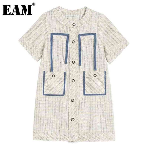 

[eam] women contrast color ribbon pockets plaid dress round neck short sleeve loose spring summer 1dd8367 21512, Black;gray
