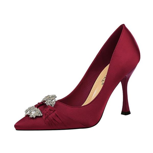 

dress shoes autumn sweet crystal buckle pointed toe women pumps concise solid silk shallow female super high heels wedding sho, Black