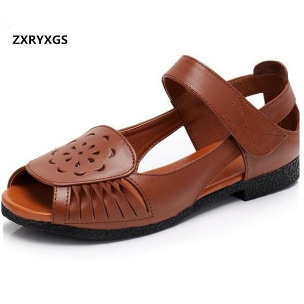 

comfortable soft mom summer sandals flat non-slip genuine leather shoes fashion wild women casual, Black