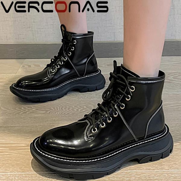 

boots verconas fashion punk woman ankle autumn winter warm cow leather basic party office prom night club working shoes, Black