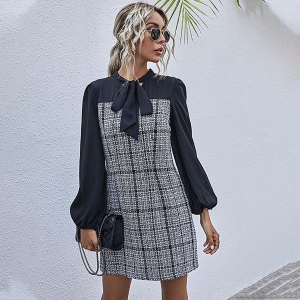 

foridol knitted tweed plaid bowknot winter dress women lantern sleeve vintage elegant office ladies short a-line vestidos casual dresses, Black;gray
