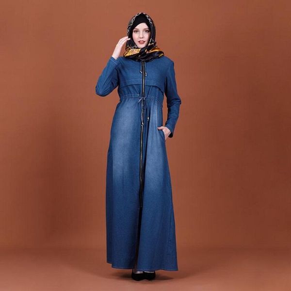 

ethnic clothing abaya muslim denim dress zipper dresses cardigan kimono long robe gowns tunic islamic soild color, Red