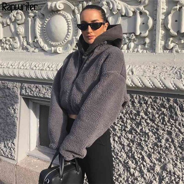 

winter fashion turtleneck long sleeve gray teddy faux furry coat women solid zipper autumn jackets warm coats 210510, Black