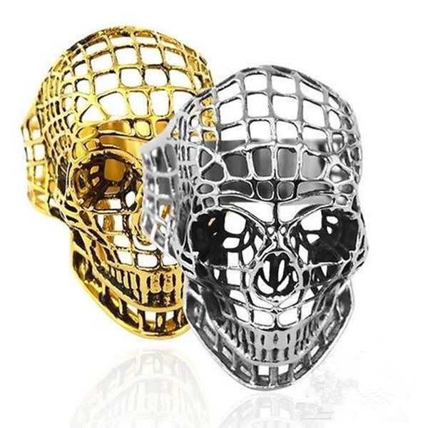 

retro men hip hop imitation stainless steel titanium steel punk hollow net ghost head jewelry skull ring wholesale, Silver