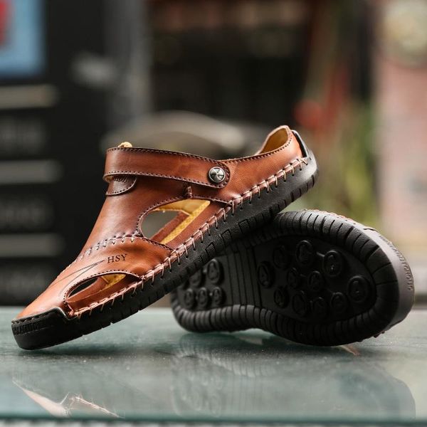

sandals summer leather men's classic beach casual comfortable shoes outdoor man breathable sneakers 38-48, Black