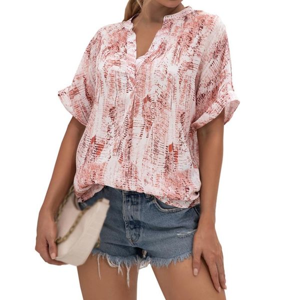 

women's blouses & shirts ropalia women tie-dye print v-neck short sleeve blouse summer leisure loose shirt, White