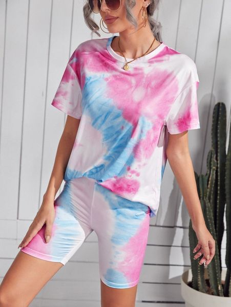 

tie dye drop shoulder & biker shorts set b6ah#, White