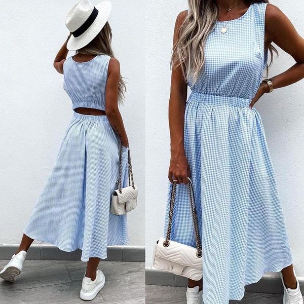 

casual dresses wyblz elegant fashion plaid print dress women summer pocket back a-line party loose beach mujer, Black;gray