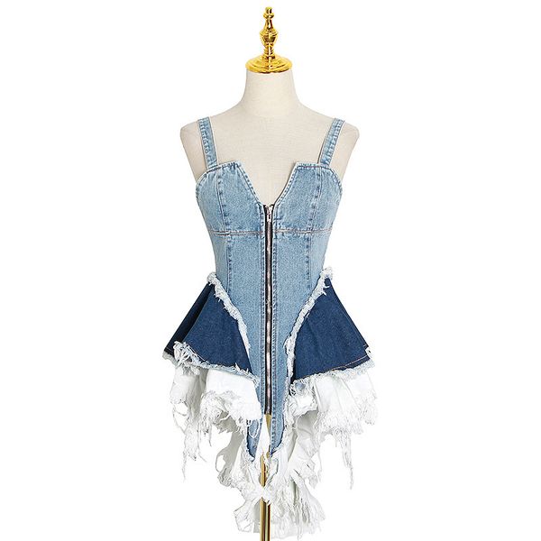 

ins test women's distinctive contrast color patchwork spaghetti strap v-neck backless cascading ruffles denim vest, White