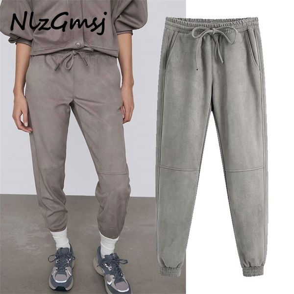 

pant women faux suede jogging trousers grey spring sweatpants mid waist elastic waistband pocket 210628, Black;white