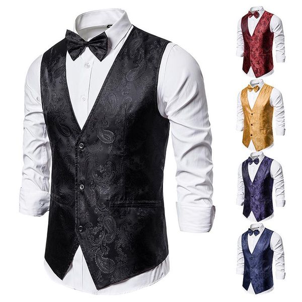 

men's vests trendy printing formal wear slim vest 3-button sleeveless business dinner stage performance solid color casual suit, Black;white