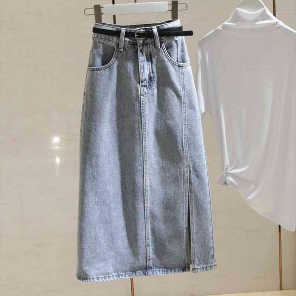 

light blue high waist denim skirt womens mid-length summer slimming slit sheath a- line skirt, Black