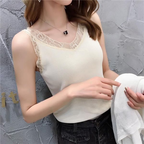 

women's vests v-neck lace ice silk knit sling female sense summer sleeveless vest inside the bottoming shirt women wear, Black;white