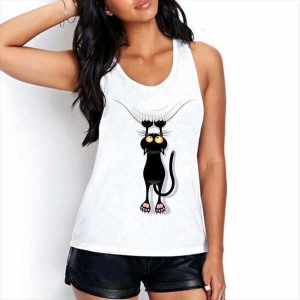 

summer vest shirt fashion women tanks black cat kawaii cartoon harajuku casual print sleeveless o neck female t, White