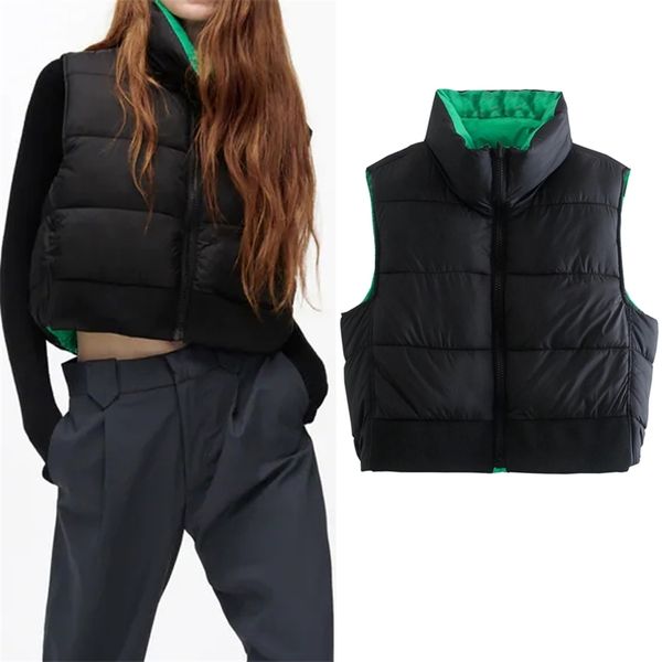 

traf za reversible black vest women padded woman green sleeveless jacket autumn winter warm short waistcoat 211120, Black;white