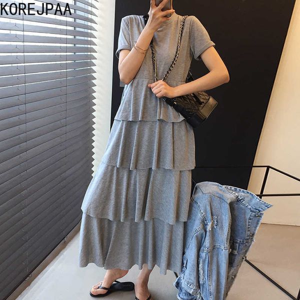 

korejpaa women dress summer korean chic female temperament round neck high waist loose solid color casual cake vestidos 210526, Black;gray