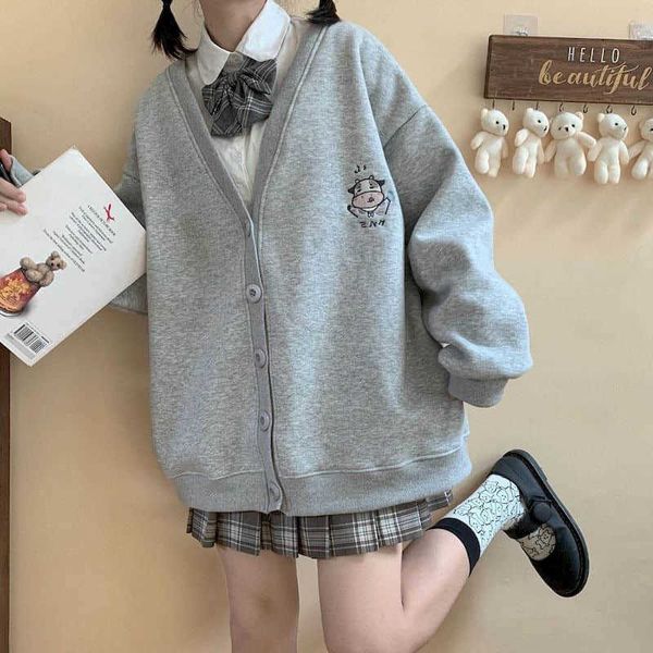 

autumn winter japanese college style cute cartoon embroidery loose plus velvet jacket female soft sister sweatshirt student 210526, Black