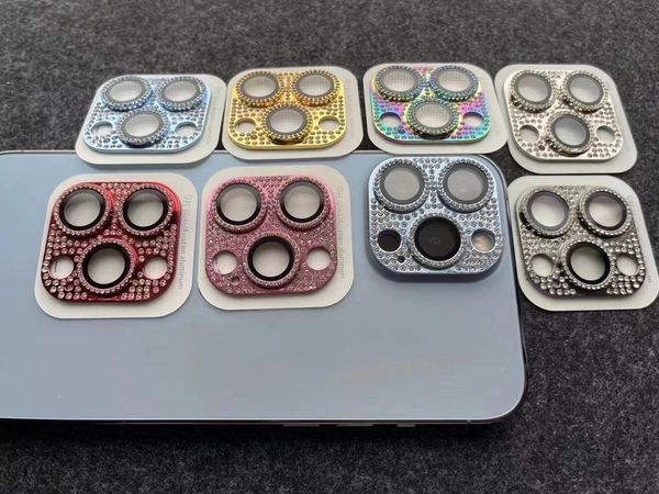 Aluminium-Metall-Kameraobjektiv-Displayschutzfolien für iPhone 15 14 Plus 13 Pro MAX Mini 12 11 Regenbogen Bling Diamant Strass feines Loch Telefon 9H gehärtete Glasfolie