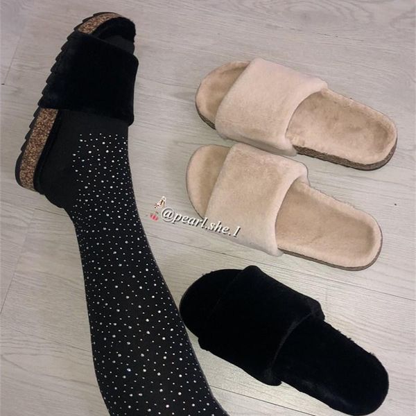 

slippers drop 2021 girl fashion fur wholesale faux cross indoor floor slides furry for women, Black