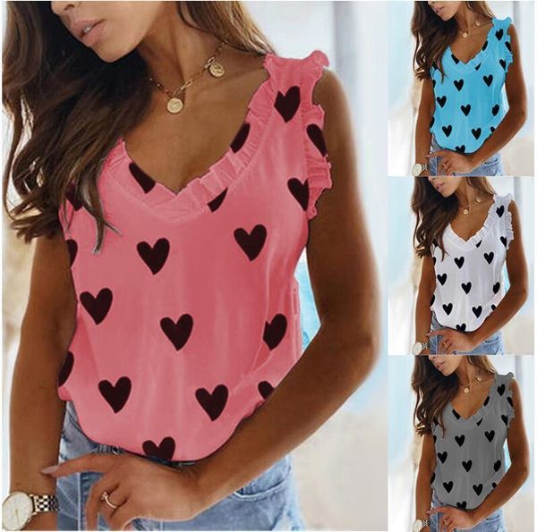 

2021 new vest blouse love print v-neck ruffle pleated t-shirt blouse, White