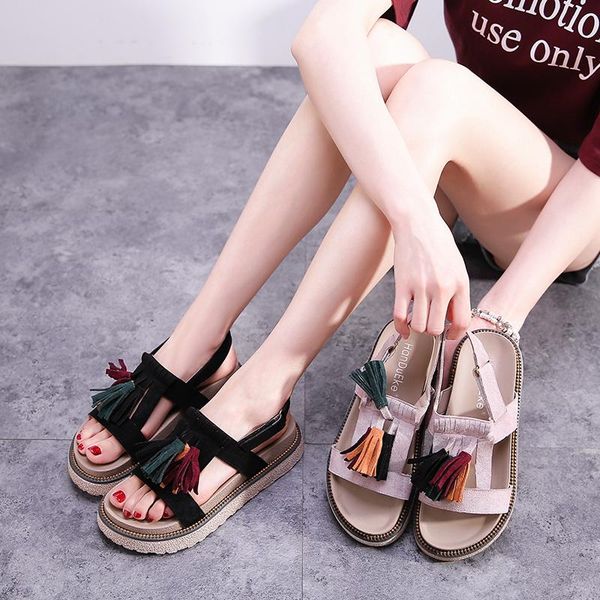 

dress shoes platform high heel sandals for ladies summer 2021 fashion tassel wild loose cake bottom roman casual large size, Black