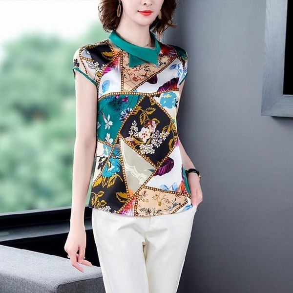 

women's t-shirt 2021 summer silk ladies women short-sleeved elegant temperament printing shirts, White