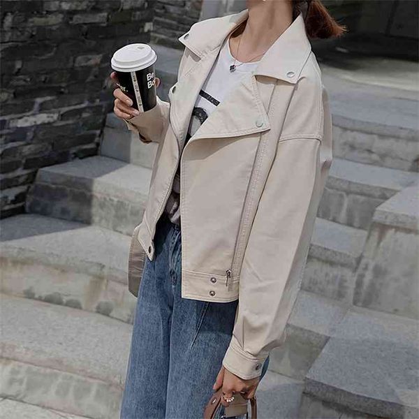 

solid color jackets ladies loose casual spring women pu leather motorcycle female with belt 210918, Black;brown