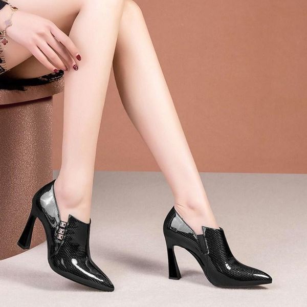 

dress shoes black patent leather women's career 2021 style all-match deep mouth pointed high heels party office wedding banquet