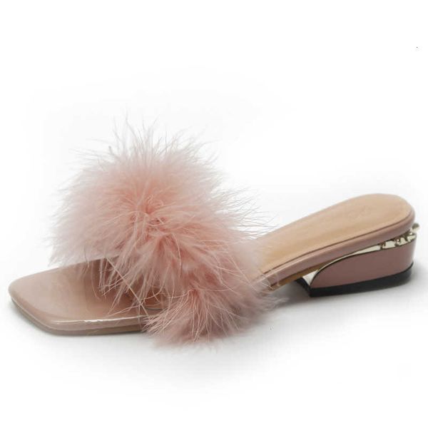 

sandals 100% from avestruz's feather slippers women shoes leaping square ladies flip flops cunts interiors mujer plus size 34-44 v4ue, Black